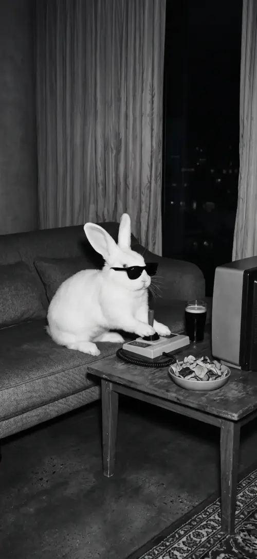 White rabbit with glasses playing a retro console wallpaper HD 4K for phone