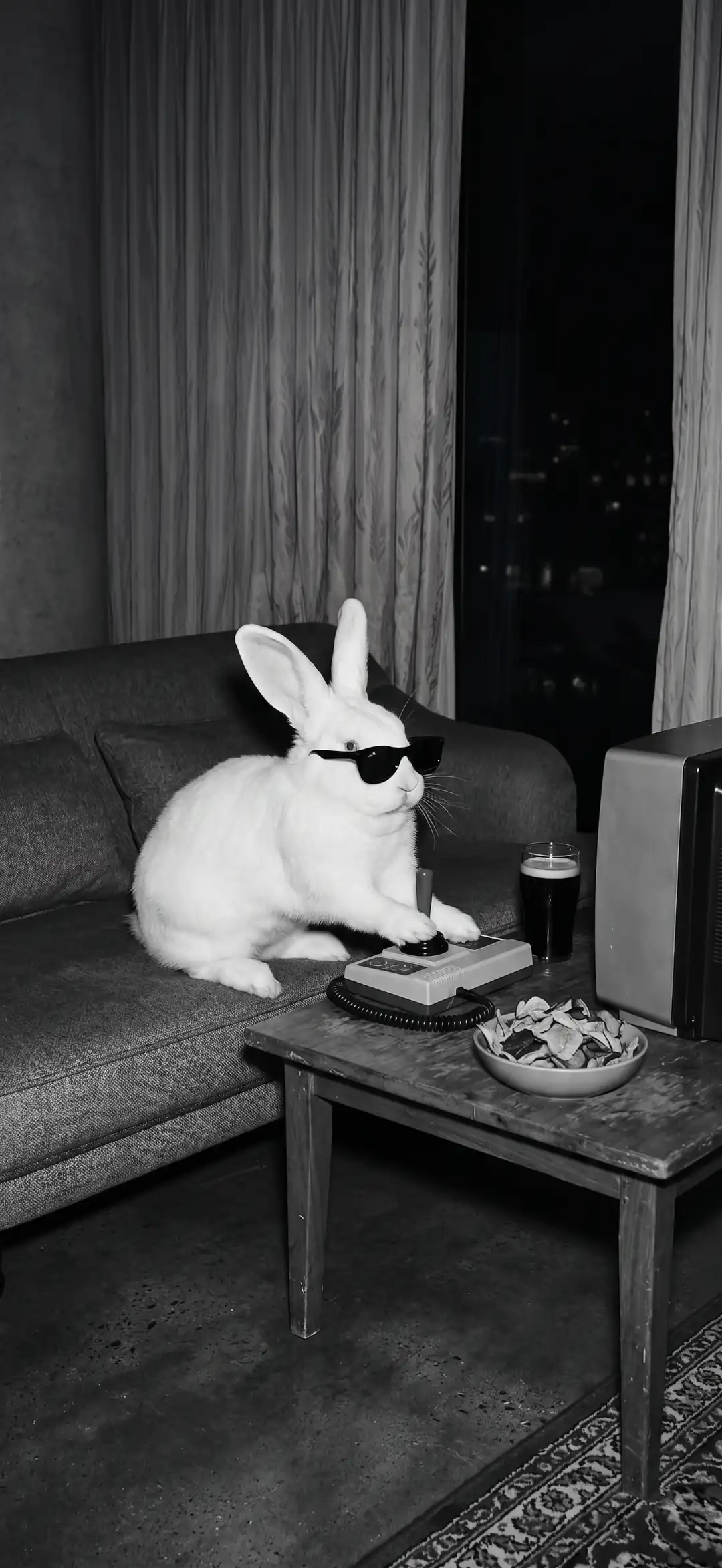 White rabbit with glasses playing a retro console wallpaper HD 4K for phone